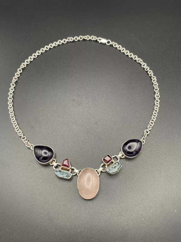 Sterling Silver and Multi Gemstone Asymmetrical Rollo Chain Necklace