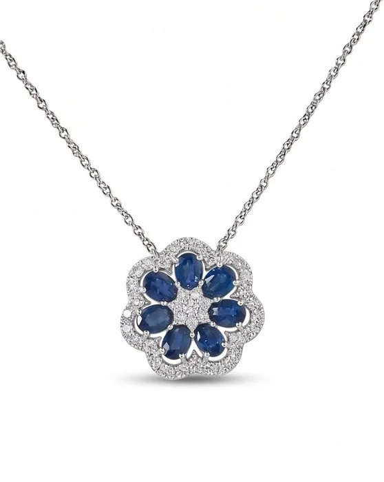 Necklace - 14 kt. White gold - 2.05ct. tw. Sapphire - Diamond - Natural Blue Gemstones