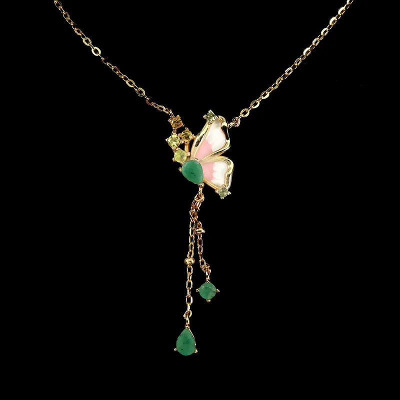 Butterfly Emerald Silver Gilt Necklace