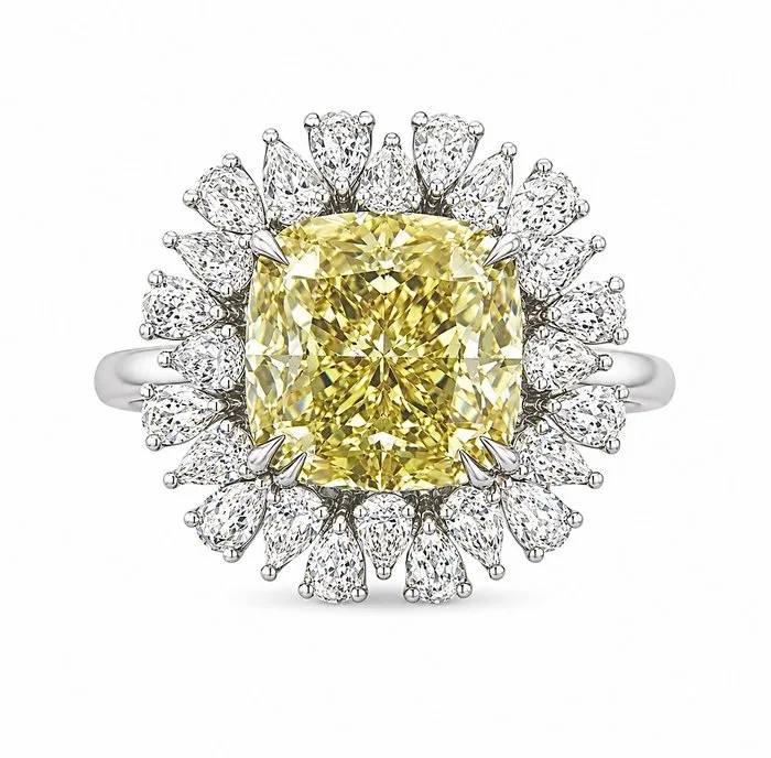 Ring - 14 kt. White gold - 4.94ct. tw. Yellow Diamond (Fancy coloured lab-grown diamond) - Diamond
