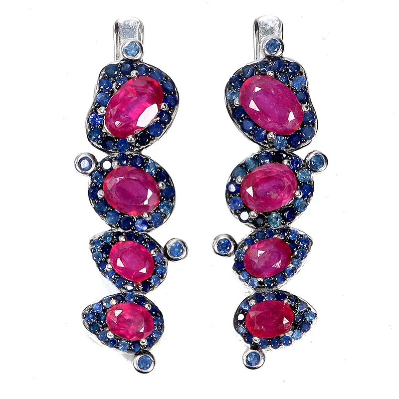 Ruby and Sapphire Silver Drop Earrings