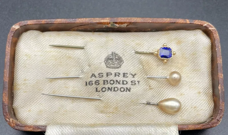 Trio of Stick Pins with Blue Gemstone and Pearls in Box