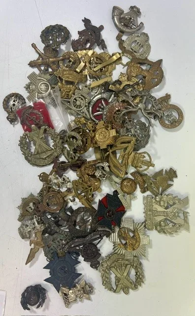 A large collection of early 20th century cap badges, collar badges and shoulder titles to include RAF, Royal Artillery Volunteer's
