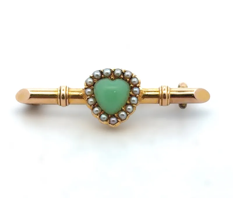 Heart Shaped Green Stone and Seed Pearl Brooch