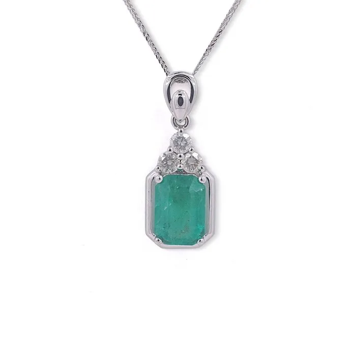 Necklace with pendant - 14 kt. White gold - 0.98ct. tw. Emerald - Diamond