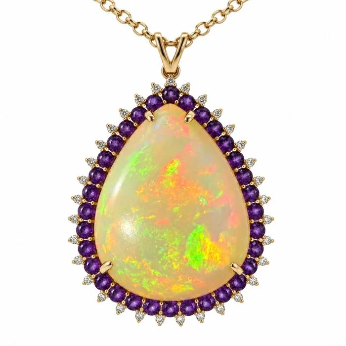 Necklace with pendant - 14 kt. Yellow gold - 36.90ct. tw. Opal - Diamond - IGI Certified