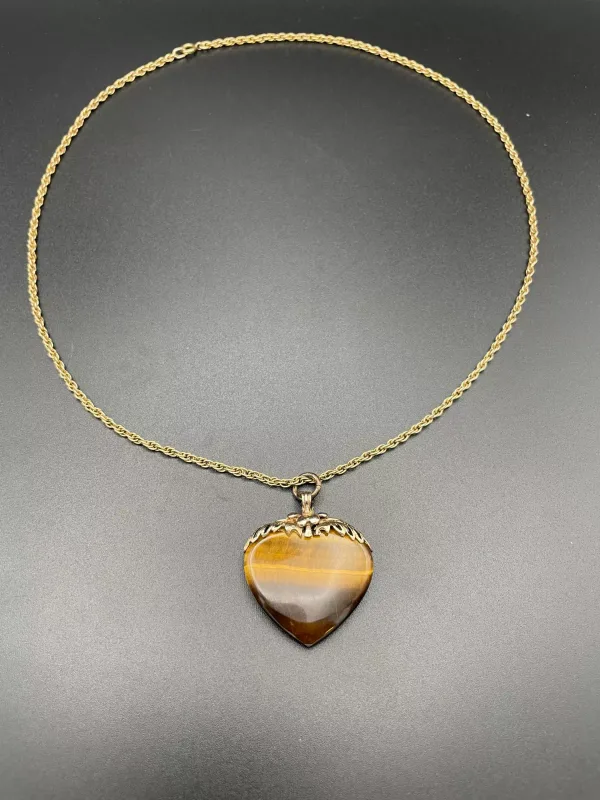 9 Carat Yellow Gold and Tiger Eye Heart Pendant on Rope Chain