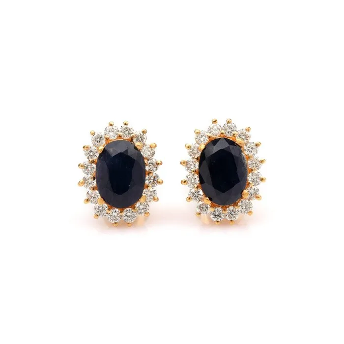 Stud earrings - 14 kt. Yellow gold - 2.88ct. tw. Sapphire - Diamond - Halo Bridal Studs
