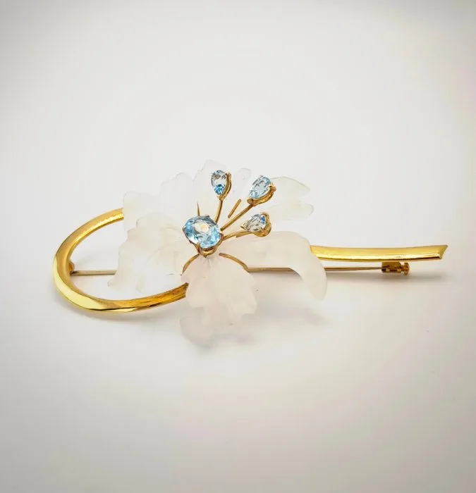 Brooch - 18 kt. Yellow gold - Rock crystal quartz, topazes