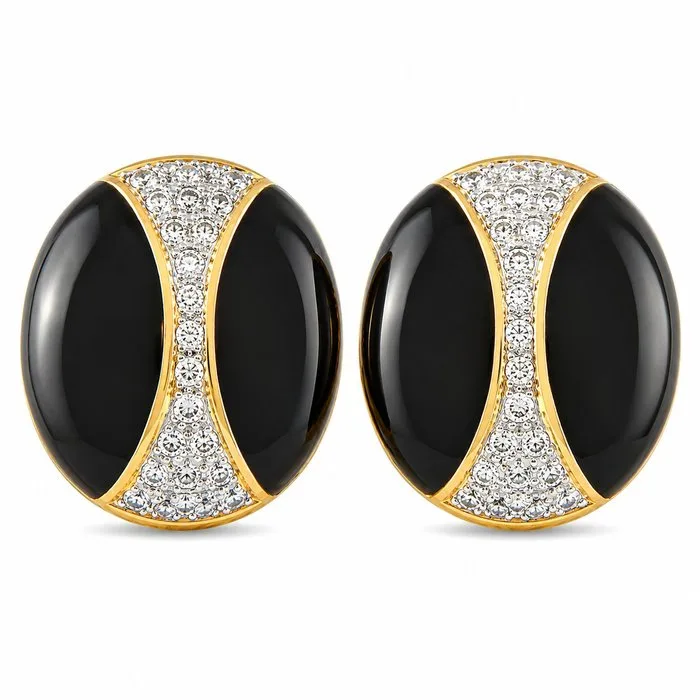Earrings - 18 kt. Yellow gold, EXCLUSIVE 18K Yellow Gold 1.0ct Diamond and Onyx Earrings - 1.00ct. tw. Diamond (Natural)
