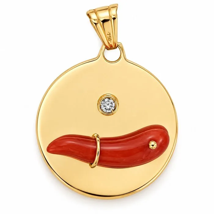 Pendant - 18 kt. Yellow gold - 0.03ct. tw. Coral - Diamond - Made in Italy - Handmade