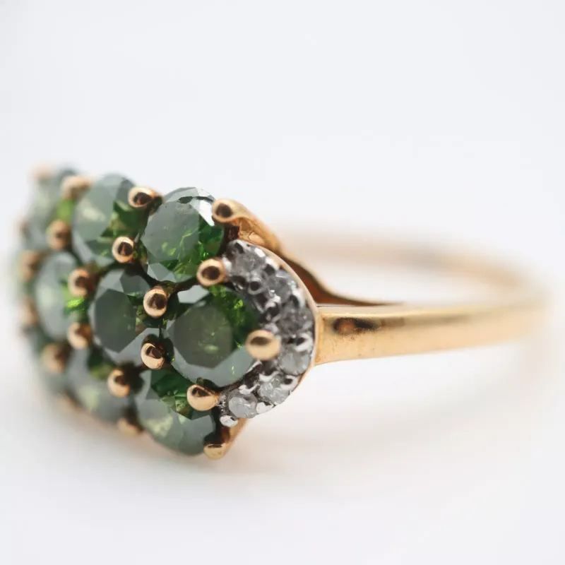 10ct gold ring set with a cluster of 2.4cts green diamonds, size R/S, 3.1g