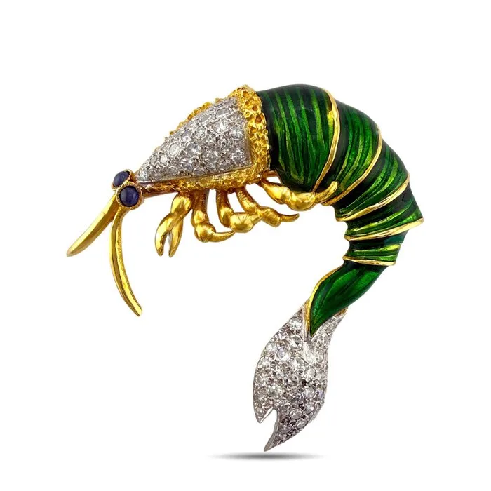 Brooch - 18 kt. Yellow gold, 18K Yellow Gold Green Enamel 1.30ct Diamond & Sapphire Krill Brooch - 1.30ct. tw. Diamond (Natural)