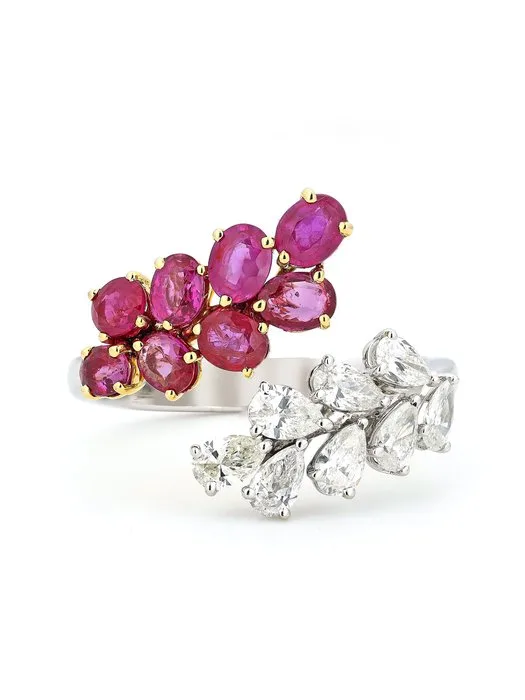 Statement ring - 14 kt. White gold - 2.04ct. tw. Ruby - Diamond - Natural Oval Rubies
