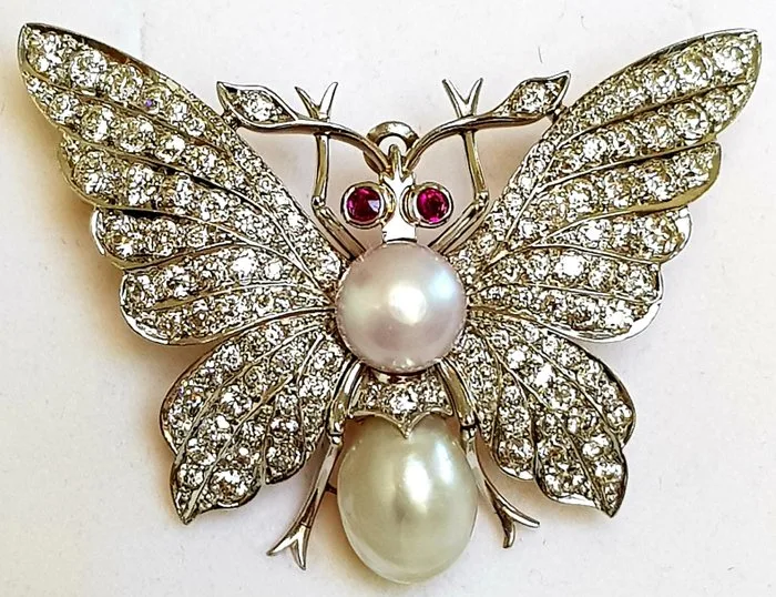 Brooch - 18 kt. Yellow gold, Platinum - 7.00ct. tw. Diamond (Natural) - Pearl - Signed BB&B 27751