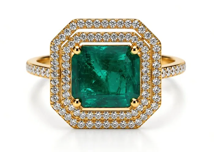 Ring - 14 kt. Yellow gold - 3.65ct. tw. Emerald - Diamond