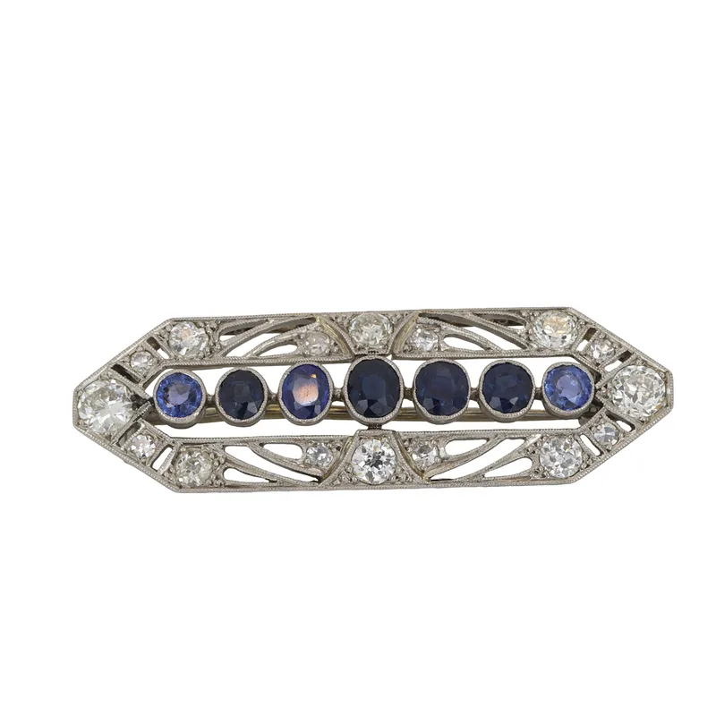 Art Deco Platinum Diamond & Sapphire Brooch
