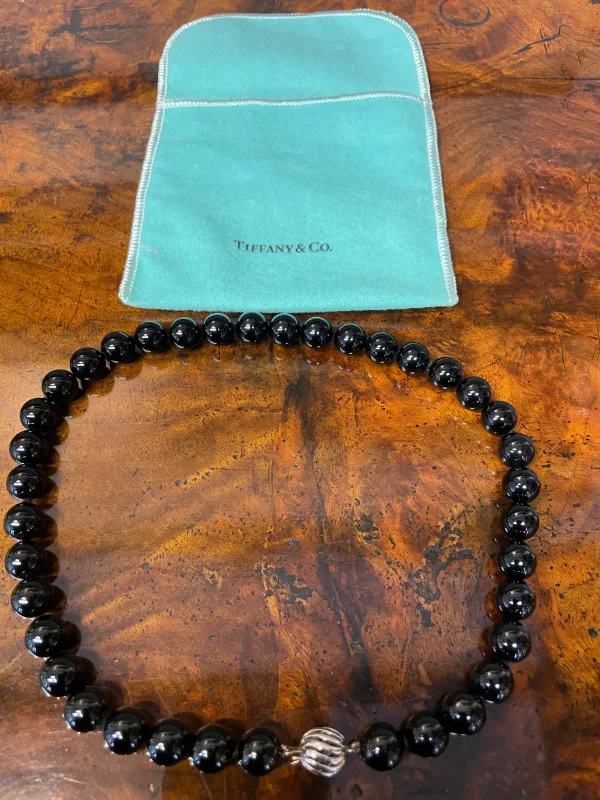 A Black Onyx Bead Necklace By Tiffany and Co with Pouch