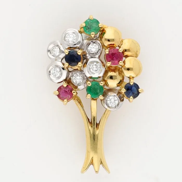 Brooch - 18 kt. Yellow gold, White gold Diamond (Natural) - Sapphire - Emerald/Ruby
