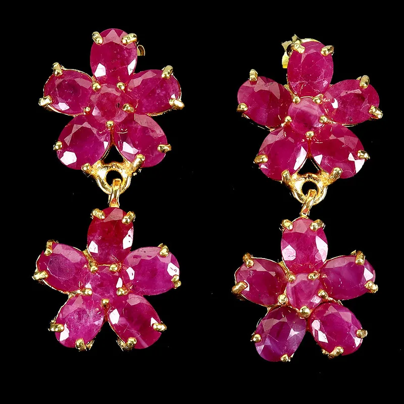 Silver Gilt Ruby Flower Drop Earrings