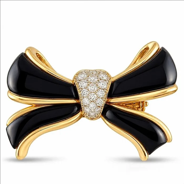 Pendant - 14 kt. Vintage 14K Yellow Gold 0.15ct Diamond and Onyx Bow Pendant, Yellow gold - 0.15ct. tw