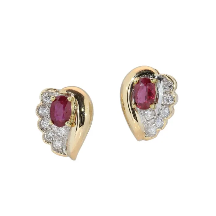 Earrings - 14 kt. Yellow gold - Diamond - Vintage Ruby