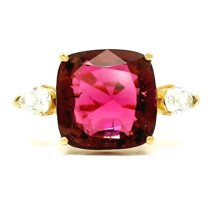 Ring - 14 kt. Yellow gold - 6.86ct. tw. Tourmaline - Diamond - Rubellite 3 stone ring