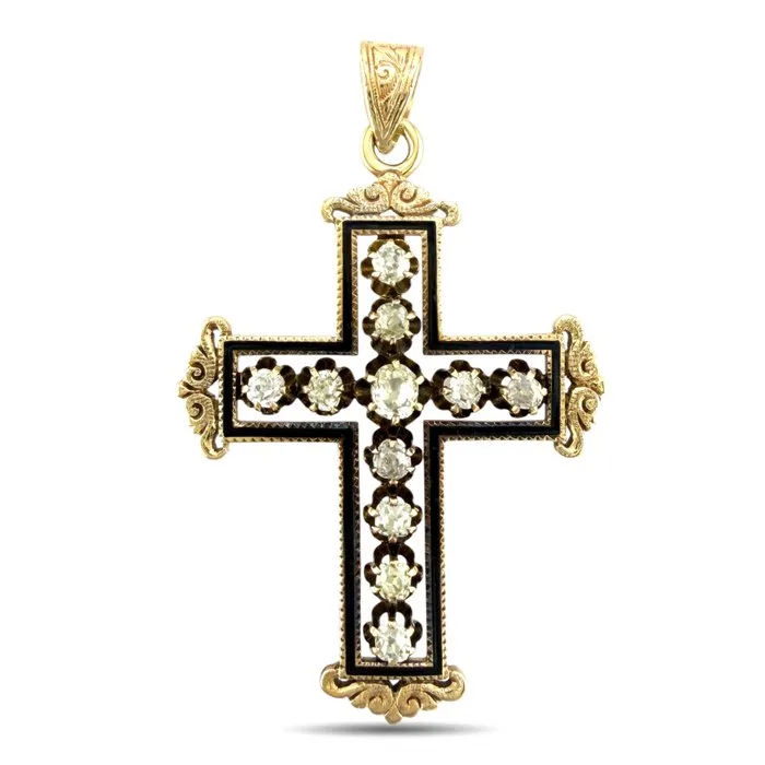 Pendant - 14 kt. Yellow gold, Exclusive 14K Yellow Gold Antique 1.00ct Diamond Cross Pendant - 1.00ct. tw. Diamond (Natural)