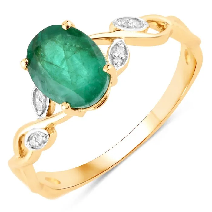 Ring - 14 kt. Yellow gold - 1.22ct. tw. Emerald - Diamond - Certified Gold Jewelry