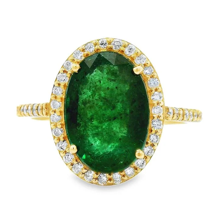 Ring - 14 kt. Yellow gold - 3.82ct. tw. Emerald - Diamond - Oval cut Emerald Ring