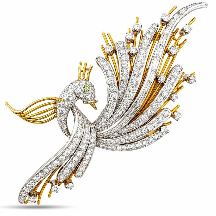 Brooch - 18 kt. Yellow gold, Exclusive 18K Yellow Gold 7.50ct Diamond Swan Brooch - 7.50ct. tw. Diamond (Natural)