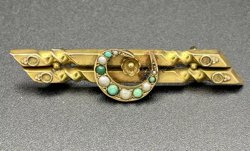 Victorian 9 Carat Gold Seed Pearl and Turquoise Crescent Moon Bar Brooch