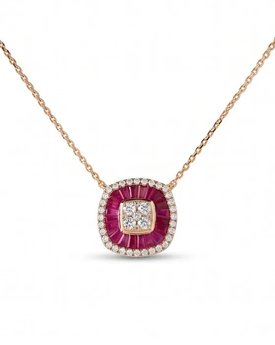 Necklace - 14 kt. Rose gold - 1.75ct. tw. Ruby - Diamond - Natural Diamond Pendant Necklace Halo Gemstone Jewelry