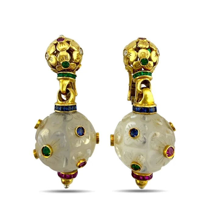 Earrings - 18 kt. Yellow gold, Vintage 18K Yellow Gold 4.88ct Diamond Ruby Sapphire & Emerald Rock Crystal Drop Earrings - 4.88ct. tw. Diamond (Natural)