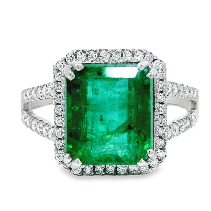 Ring Platinum - 4.52ct. tw. Emerald - Diamond - Split Shank Halo Ring