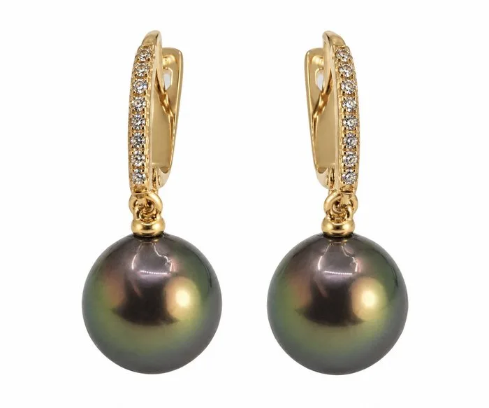 Earrings - 14 kt. Yellow gold, 10mm Peacock Tahiti Pearl Drops - 0.11ct. tw