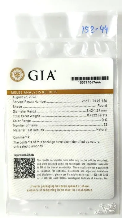 52 pcs Diamond (Natural) - 0.73 ct - Round - D (colourless), E, F, G - VVS1, VVS2 - Gemological Institute of America (GIA) - 1.42-1.57mm