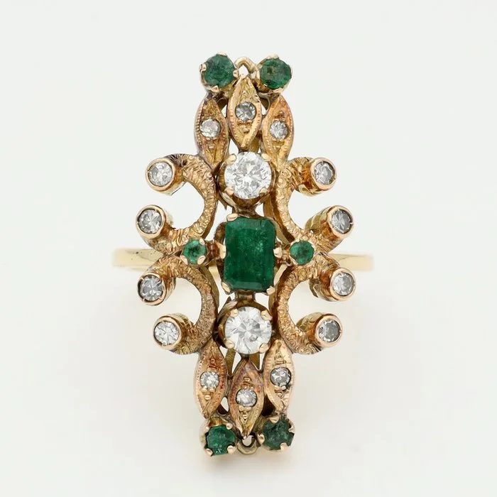 Ring - 18 kt. Yellow gold - Diamond - Emerald