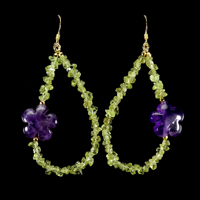 Peridot and Amethyst Silver Drop Earrings