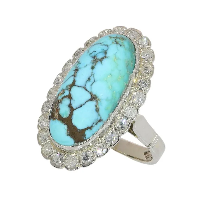Ring - 18 kt. White gold - 0.72ct. tw. Diamond (Natural) - Turquoise - Vintage 1950