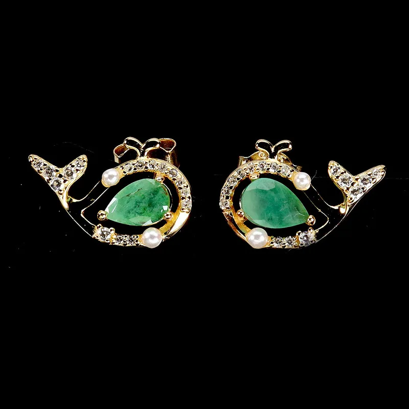 Whale Emerald Silver Earrings