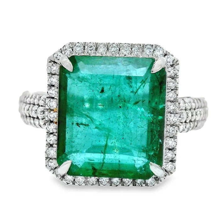 Ring Platinum - 4.98ct. tw. Emerald - Diamond - Octagon cut Emerald Ring