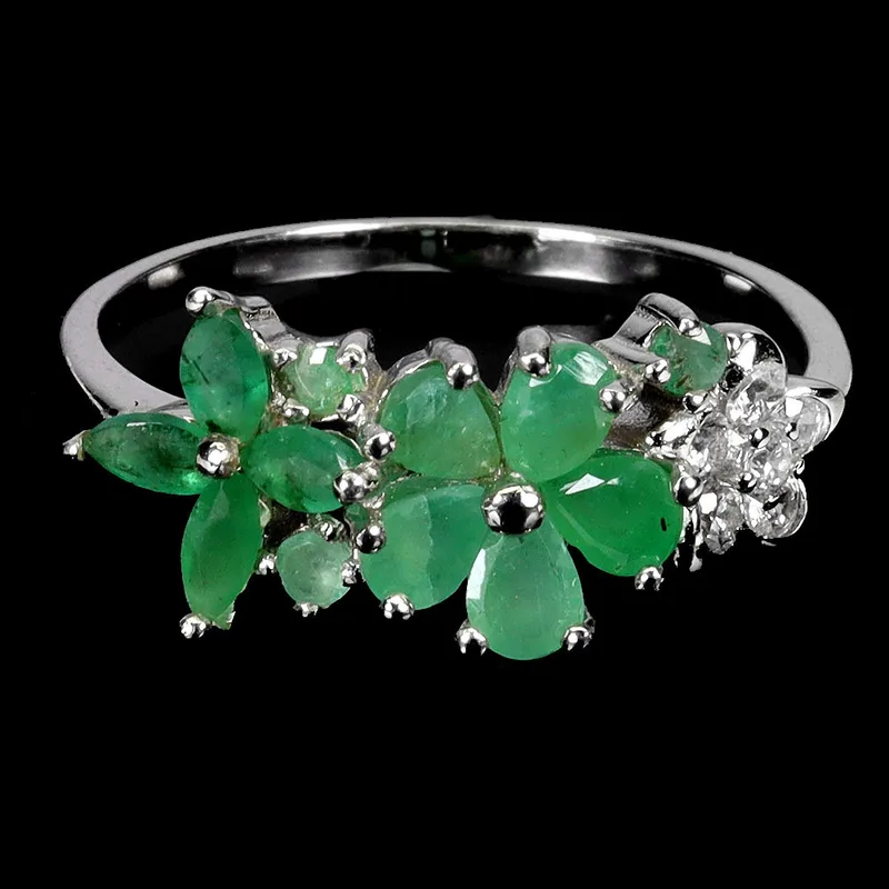 Emerald Silver Flower Ring