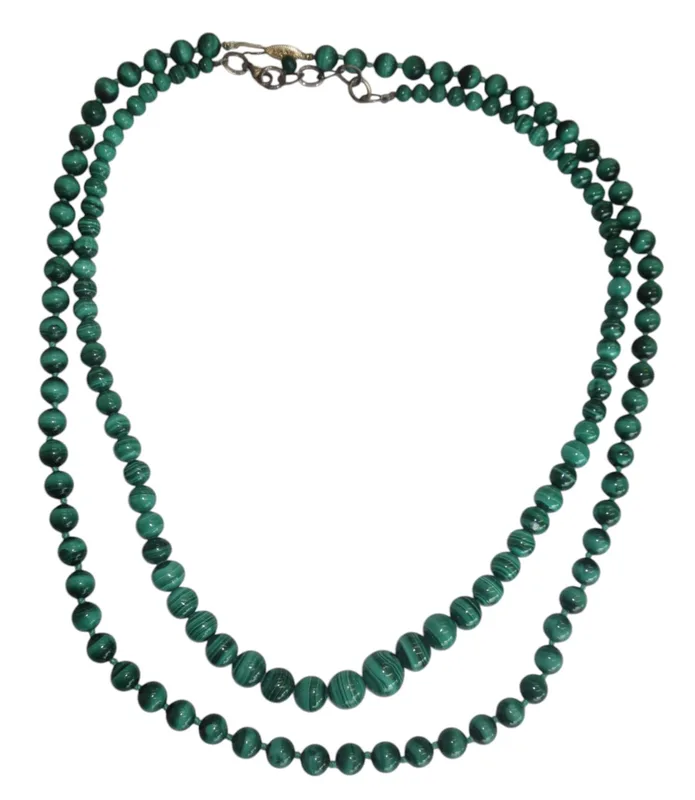 Two malachite bead necklace (2) one with a 14ct gold clasp and one with a silver clasp