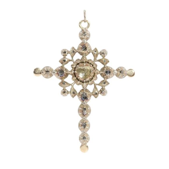 Pendant - 18 kt. Yellow gold, Silver Diamond (Natural) - Cross, Antique, 1850