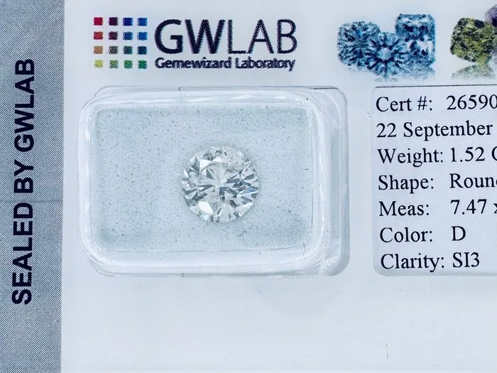 1 pcs Diamond (Natural) - 1.52 ct - Round - D (colourless) - SI3 - Gemewizard Gemological Laboratory (GWLab) - ( NATURAL )