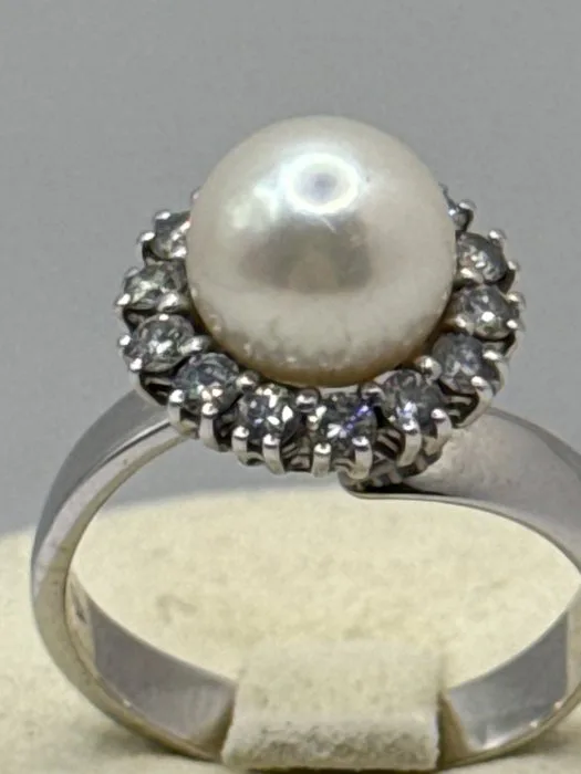 Ring - 18 kt. White gold Pearl - Diamond - 18kt gold ring