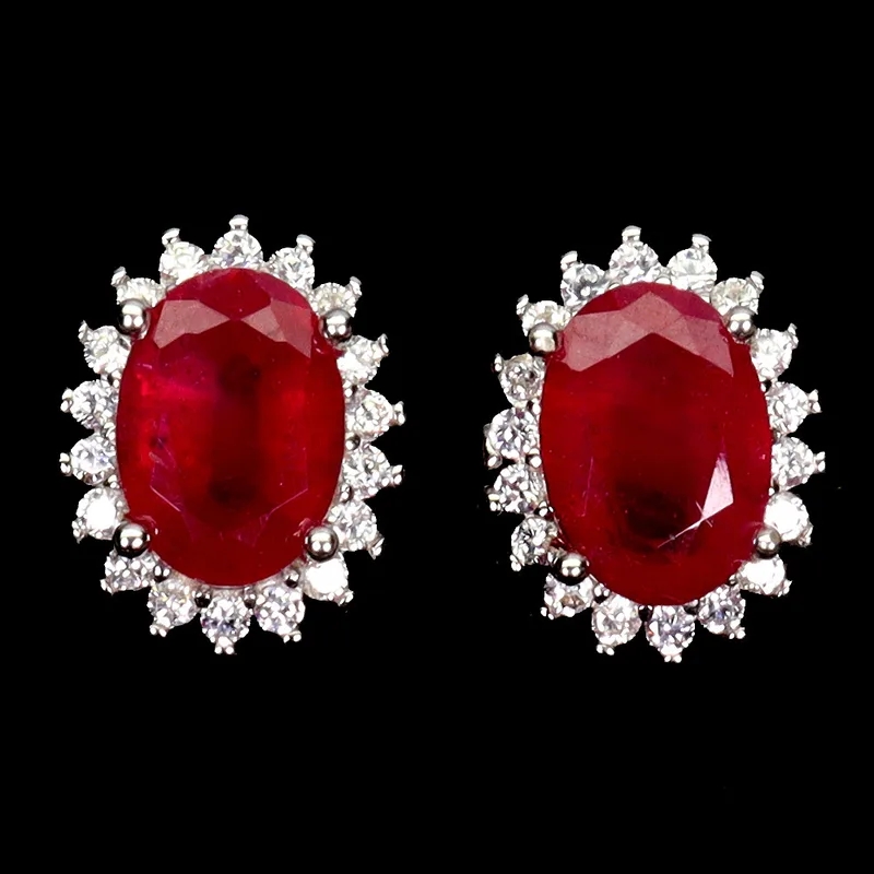 Silver Oval Ruby Cluster Earrings