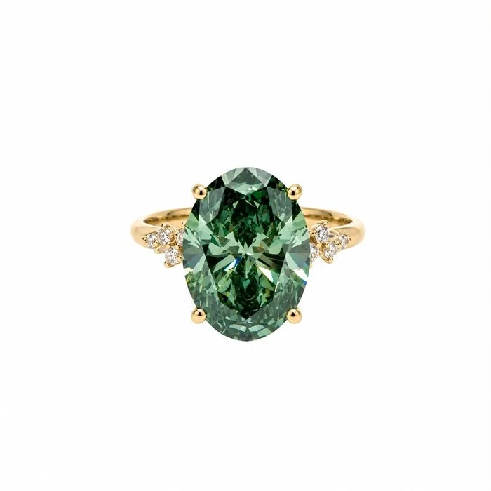 Ring - 14 kt. Yellow gold - 6.22ct. tw. Green Diamond (Fancy coloured lab-grown diamond) - Diamond