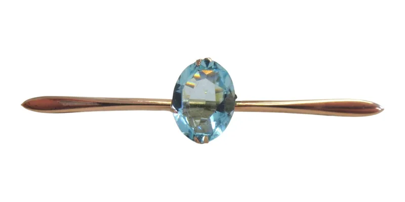 9ct Gold Bar Brooch with central blue stone 2.0g gross